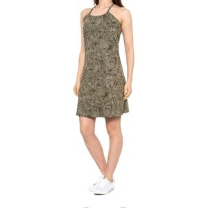 Eddie Bauer Harmony Palm Halter Racerback Dress Built-in Bra Green/Khaki L